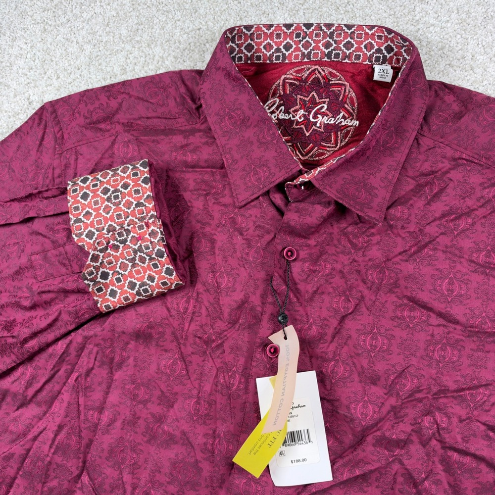 NEW Robert Graham Button Down Mens 2XL Wine Cullen Damask Jacquard
